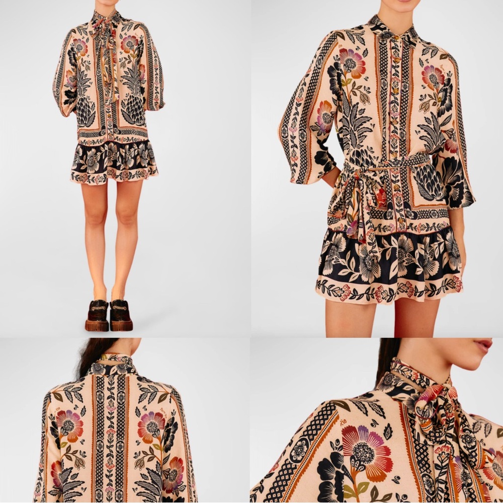 FARM Rio Cream Floral Mini Dress with Black and Pink Accents